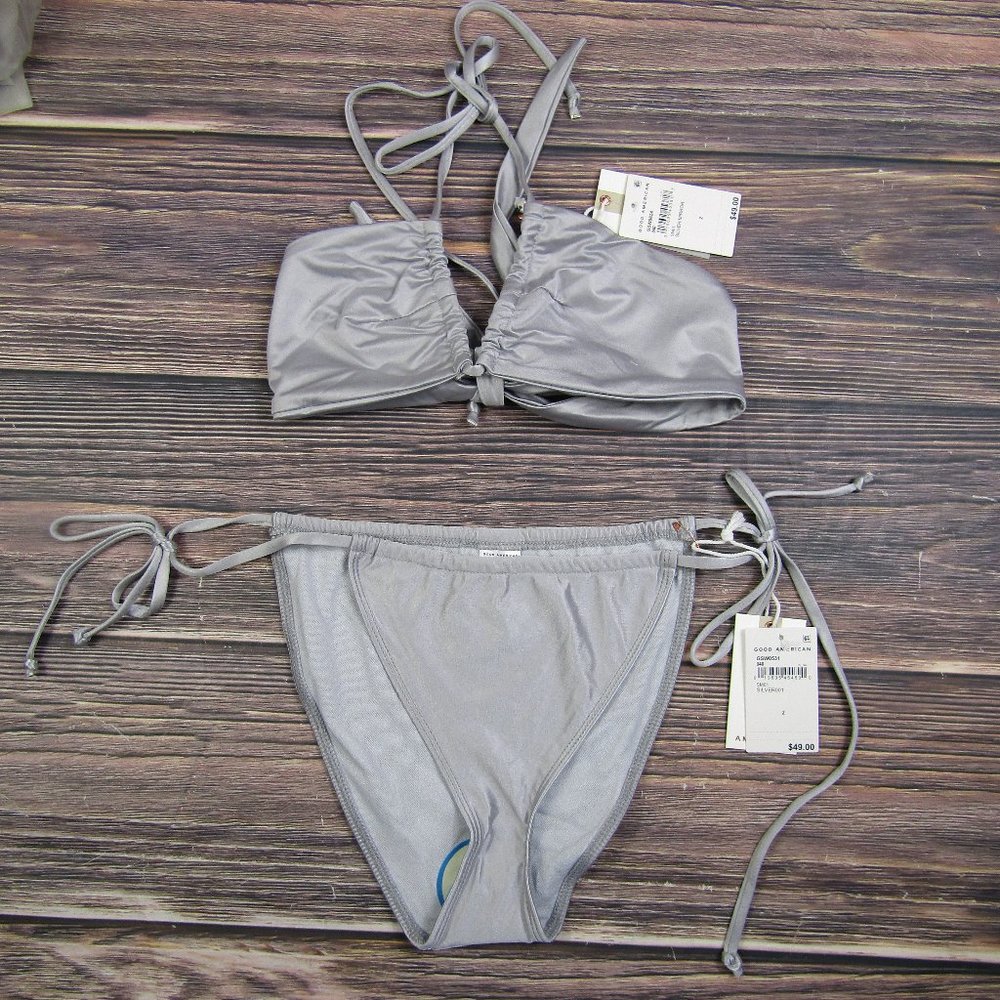 Good American NEW Medium Size 2 Silver 2-Piece Bikini Set Swimsuit‎ Beach